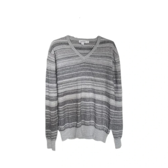 Calvin Klein Gray Striped Long Sleeve V Neck Merino Wool Blend Sweater womens XL - Picture 1 of 11